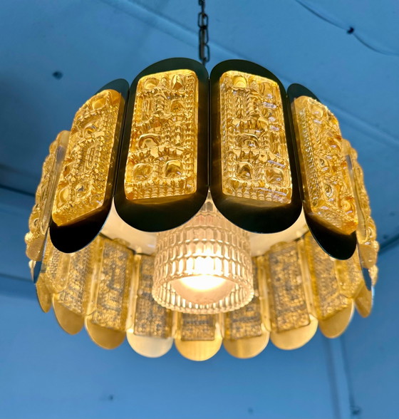 Lampada a Sospensione Plafoniera Vintage Vitrika Vetro Ghiaccio Anni '60 Danimarca, Plafoniere, Metallo (foto 6 di 14)