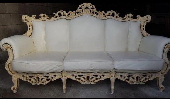 Image 1 of Wit craquelé barok bank met fauteuils leder