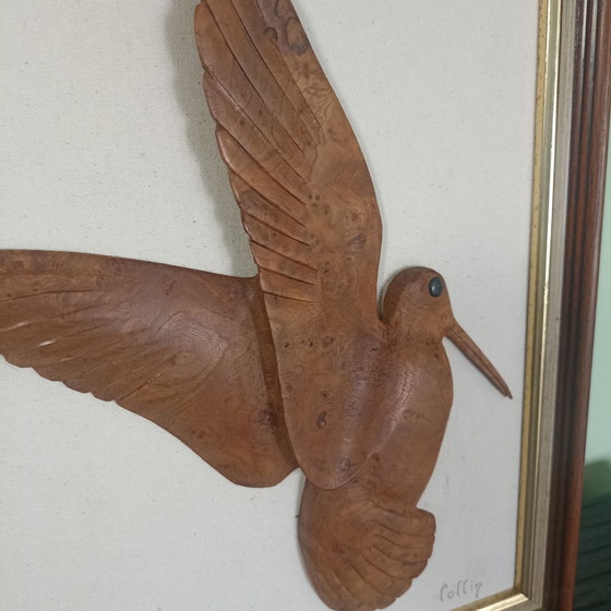 Vintage 3D Wood Relief "Bécasse Montante" (Woodcock) 40x30, Sculpture, Beige (photo 4 of 7)