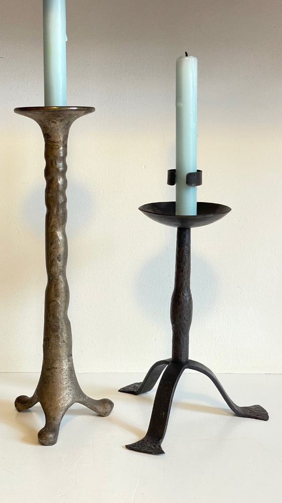 Image 1 of Een paar brutalistische vintage stalen kandelaars