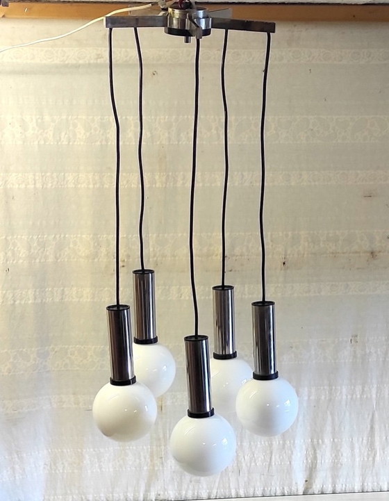 Image 1 of 5-Light Cascading Pendant Light in Chromed Metal and Opaline Glass Globe - 1960s/70s
