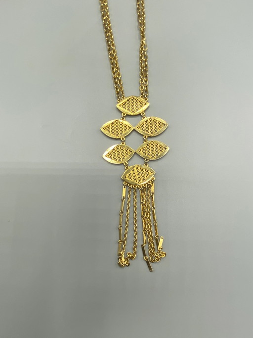 Vintage Gold-Tone Long Necklace with Articulated Pendant and Tassels – decoratieve objecten, Metal