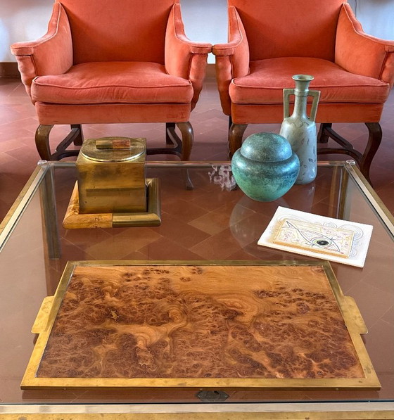 Grande vassoio Hollywood Regency in ottone e radica, Italia anni '70 – Accessori da tavola (photo 2 of 8)