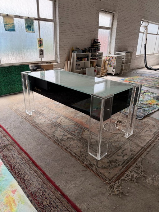Plexiglas-Schreibtisch mit Glasplatte und Beleuchtung – Design der 90er Jahre