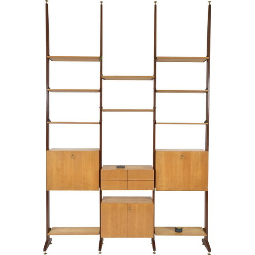 Sistema di scaffalature vintage in teak e ottone, Italia anni '50