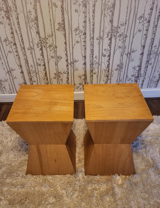 Image 1 of Ensemble géométrique de tables et tabourets en bois des années 70.