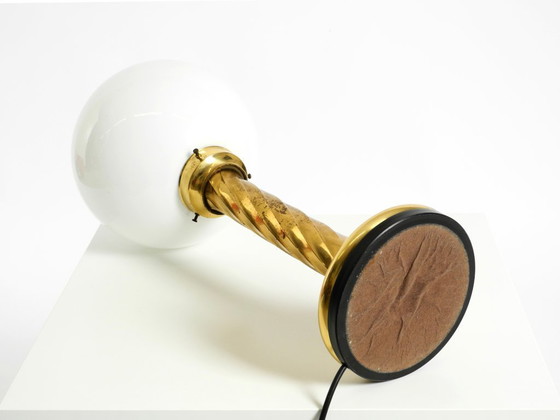 Image 1 of Large 1960s brass column-style table lamp with frosted glass globe