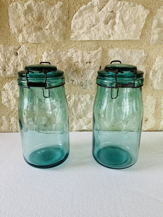 Image 1 of Pots en verre turquoise de Solidex, 1940s, ensemble de deux.