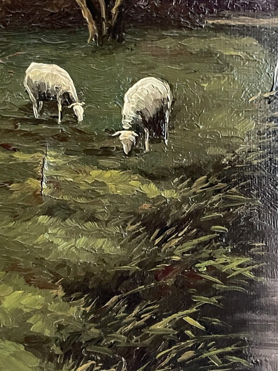 Landscape oil painting with sheep and house, Paintings & Drawings, Canvas, Wood, Green, Realisme (photo 4 of 6)