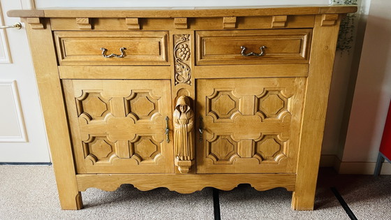 Brutalist Set, Solid Oak Sideboard, Cabinet, Dining Table, 6 Chairs, Hand Carved Priest Mission Style (photo 8 of 15)