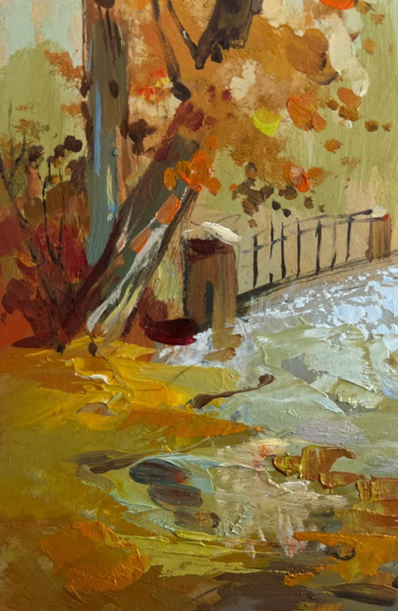 Image 1 of Origineel olieverfschilderij: Herfstboslandschap met gevallen bladeren in een herfstpark.