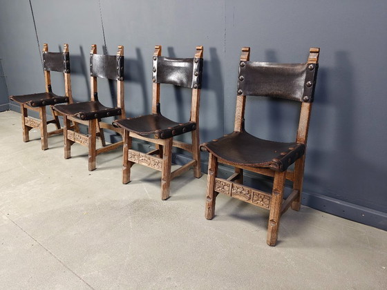 Image 1 of Vintage brutalist leather spanish dining chairs, 1960s