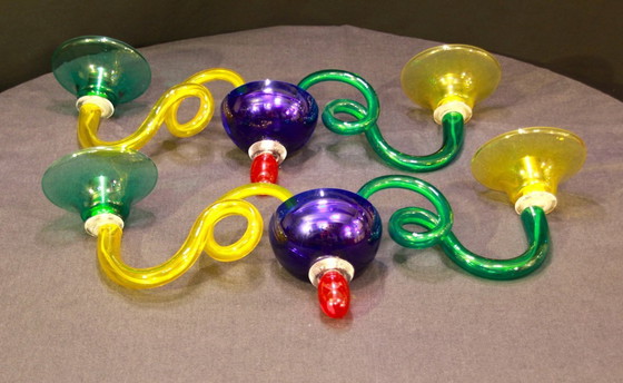 Image 1 of Paar veelkleurige wandlampen van Muranoglas, Sylcom, Italië