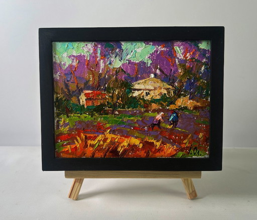 Original Oil Painting Sunset Village Landscape Spring evening in the light of the sky