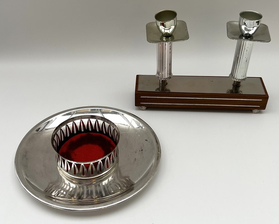 Image 1 of Mid-Century Tisch-Set – Kerzenleuchter, Servierschale & Flaschenhalter