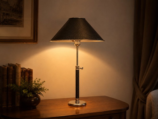 Vintage Chrome & Croco-Effect Table Lamp – Adjustable – Adnet Style – 1970s/80s – tafellampen, Metal, Leather