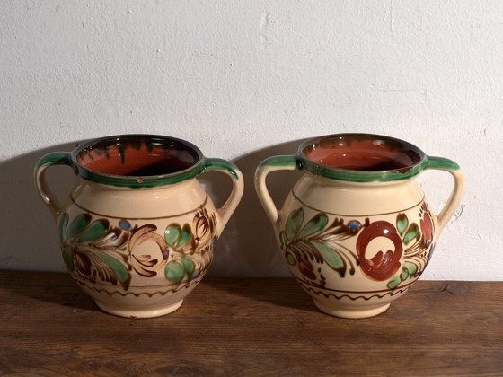 Coppia di vasi vintage in ceramica smaltata a due manici, Europa Centrale, c. 1950 #7, Vasi per piante (foto 4 di 10)
