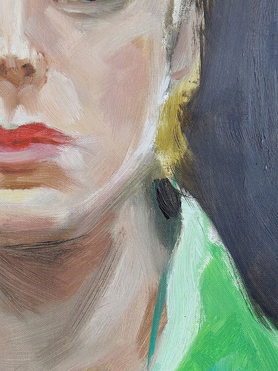 Image 1 of Vintage portrait "The Woman in Green", oil on canvas board, wooden frame