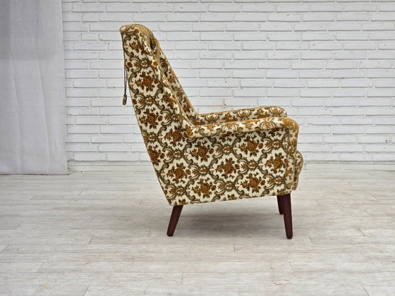 Fauteuil danois à dossier haut des années 1970, tissu d'ameublement marron/beige, bois de teck. – Textile (photo 7 of 13)