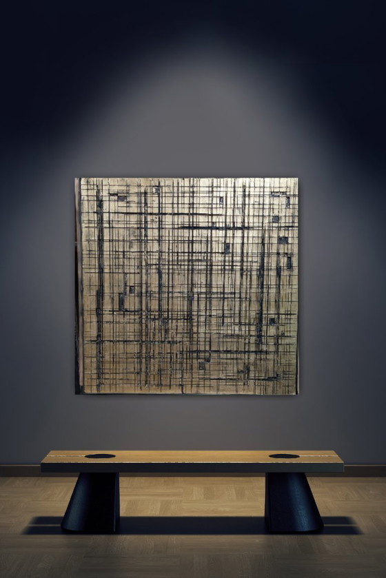 Image 1 of The Gold Factory – Monumental Wall Object with Line Play (121 × 121 × 4 cm)