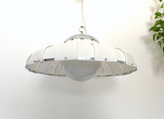 Image 1 of Vintage XL Meblo Pendant Light / Rare Meblo Guzzini Ceiling Light / White Acrylic Light/ Mcm Lightning / Big Hanging Light 