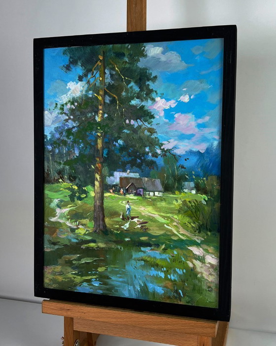 Image 1 of Original Oil Painting Nature Landscape Countryside Swamps near the Village