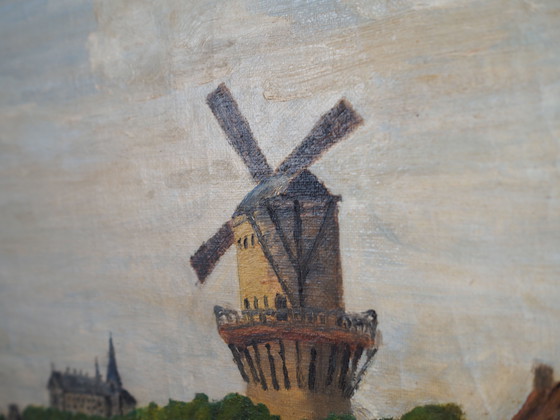 Image 1 of Peinture "Le moulin à vent au-dessus de la marina", design scandinave, années 1970
