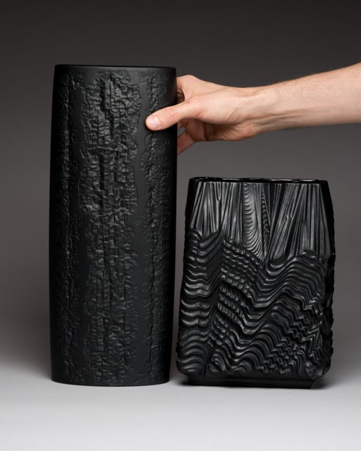 Zeldzame Martin Freyer Rosenthal Bisque Porcelaine Noire Vaas Duo Brutalist Op-Art