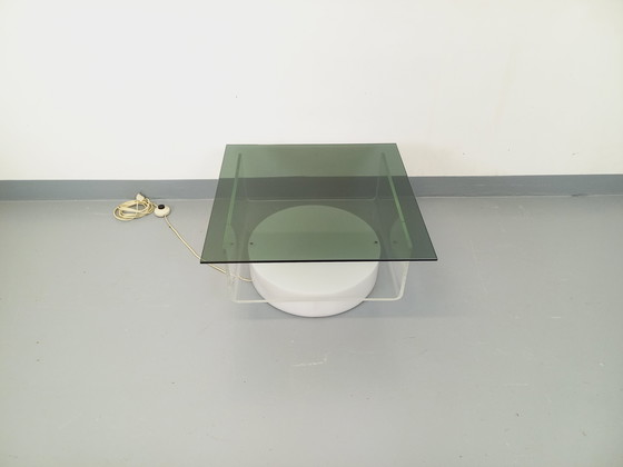 Image 1 of Square illuminated vintage Italian coffee table in glass and Plexiglas in the Space Age style of the '70s