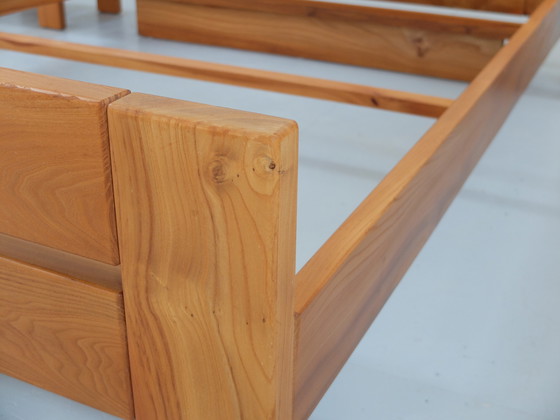 Image 1 of Bed frame and bedside tables, set of 3, solid elm wood, Regain France certified edition, year 1980