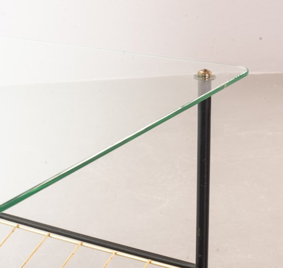 Image 1 of Mid-Century Pierre Guariche Glass Coffee / Side Table for Airborne in Black Steel with Brass Magazine Holder. France, 1950s. 