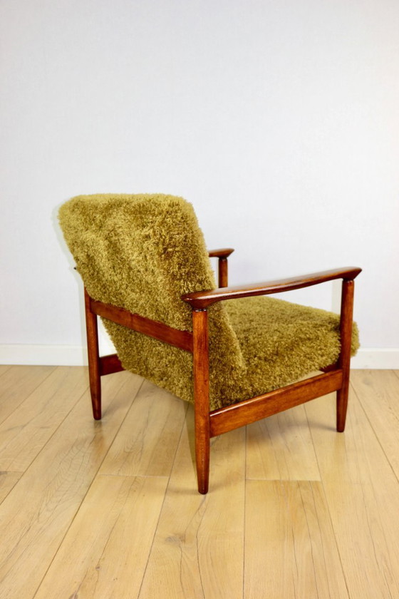 Image 1 of GFM-142 armchair designed by Edmund Homa from the 70s, ginger - high pile khaki / olive - 2 pieces available
