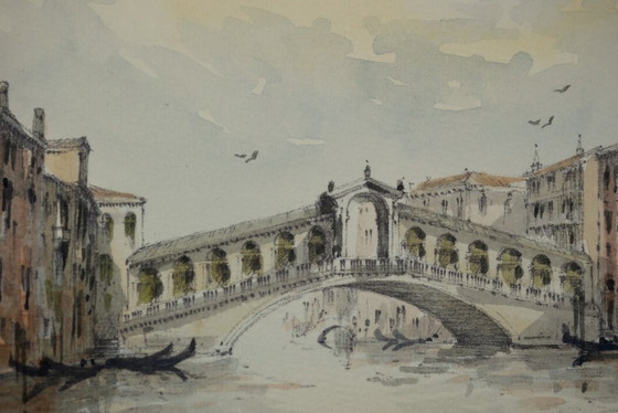 Image 1 of The Rialto Bridge, Venice - Signed and dated watercolor drawing, 1990, framed