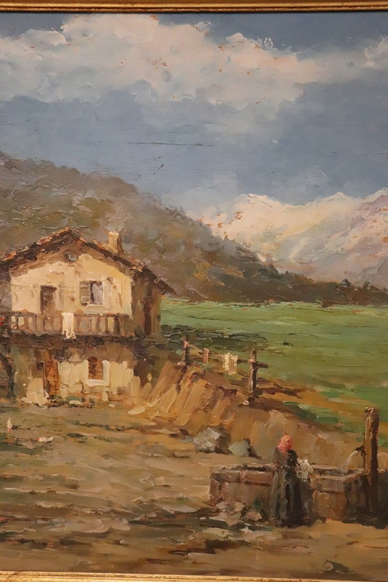 Image 1 of Italiaans bergdallandschap, gesigneerd olieverfschilderij, 20e eeuw