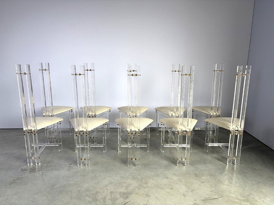 Sedie da pranzo in ottone e lucite, set di 10 - anni '70 – Plexiglass, Textile (photo 6 of 17)