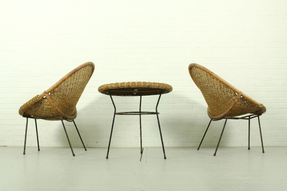 Image 1 of 1950s Italian Rattan Basket Chairs & Matching Bistro Table Set