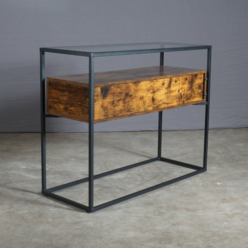 Industrieller Beistelltisch – schwarzes Metall – Glas – Holzschubladen