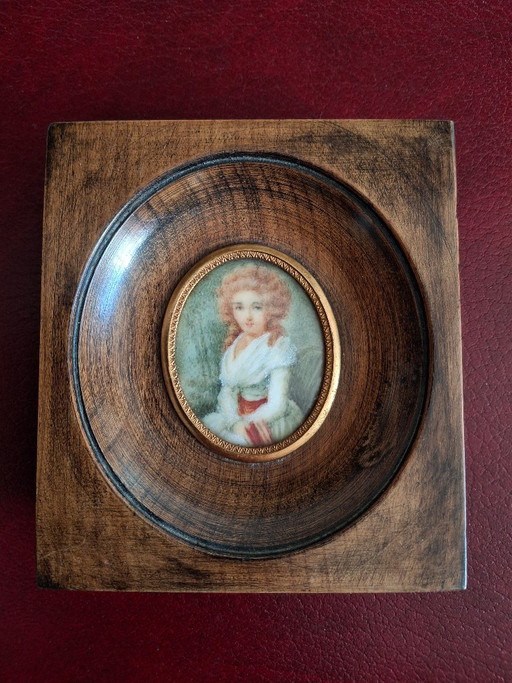 Set aus 2 Miniaturen aus dem späten 19. Jahrhundert, Nussbaumrahmen, 11 x 10 cm – wanddecoratie, Wood (photo 2 of 7)