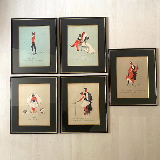 Set of 5 framed illustrations by Maurice Marais, 19th century