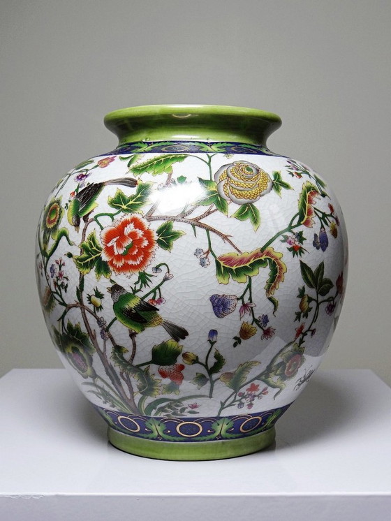 Image 1 of Vase boule faïence craquelé chinoiserie vintage années 60-80