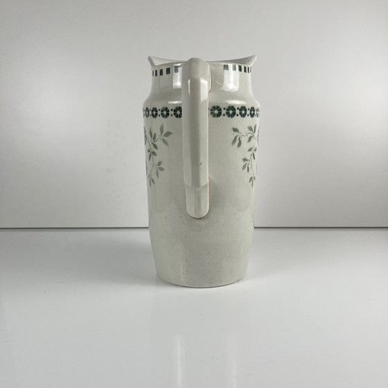Image 1 of Antique earthenware pitcher, green floral decoration, ironstone, late 19th - early 20th century