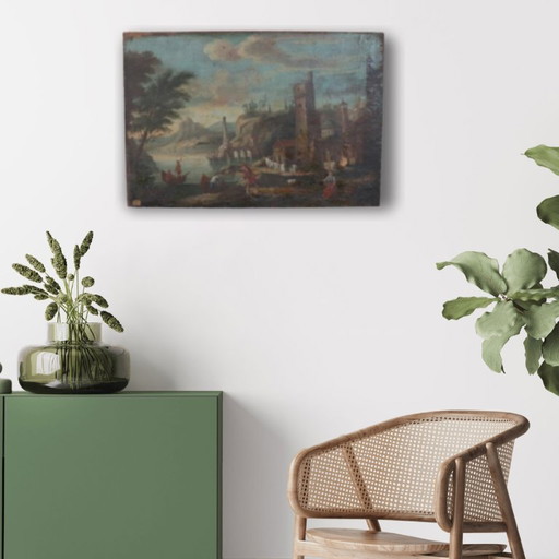 Paysage côtier, peinture à l'huile ancienne sur toile, Italie, XVIIIe siècle