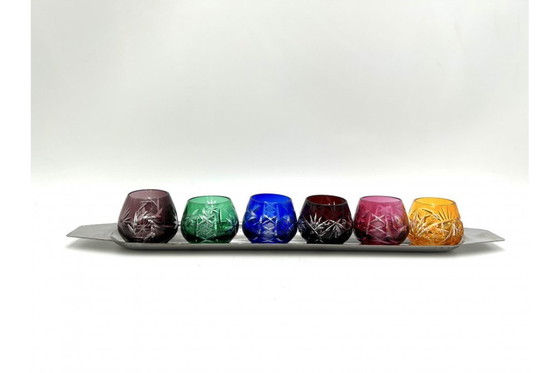 Image 1 of Caraffa di cristallo con bicchieri colorati, Polonia, anni '60