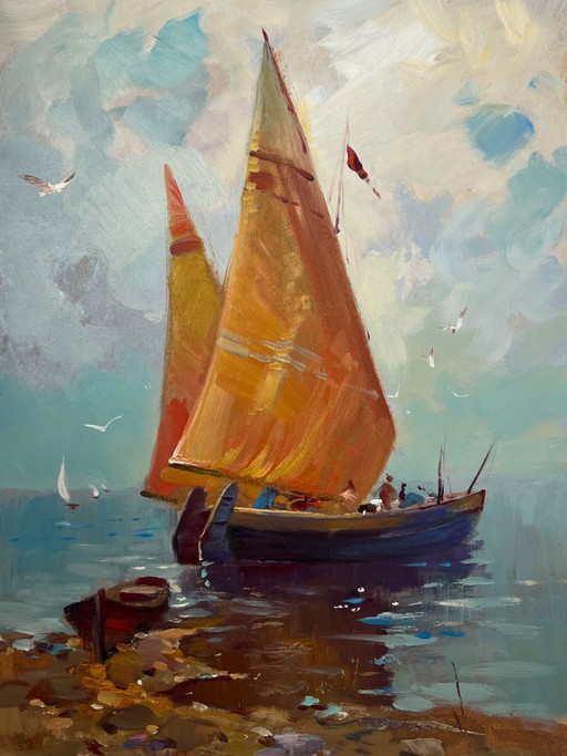 Origineel olieverfschilderij: Zeekustlandschap, eenzame boot op de golven