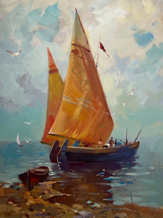 Image 1 of Peinture à l'huile originale représentant un paysage marin côtier. Bateau solitaire dans les vagues.