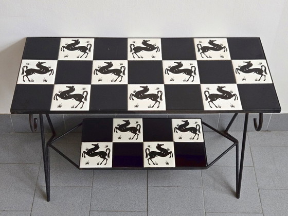 Image 1 of Vintage keramische bijzettafel uit de jaren 50 met paardenmotief, in rockabillystijl uit de jaren 50.