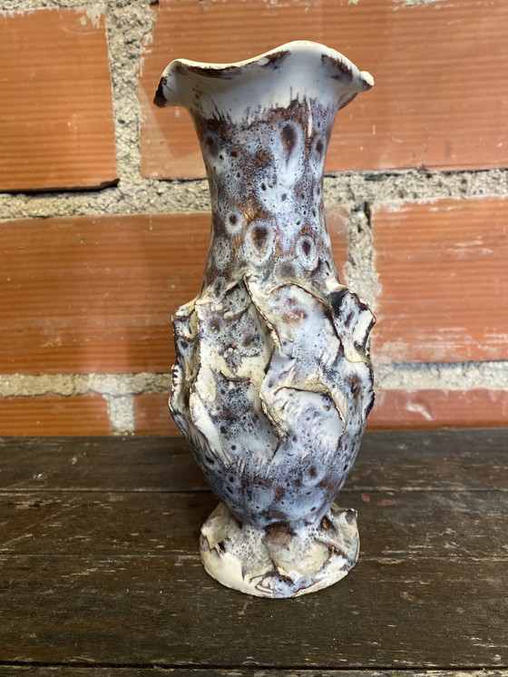 Image 1 of Vase Ancien Marius GIUGE Fat Lava Céramique Écumes Gris & Blanc Vintage #D384