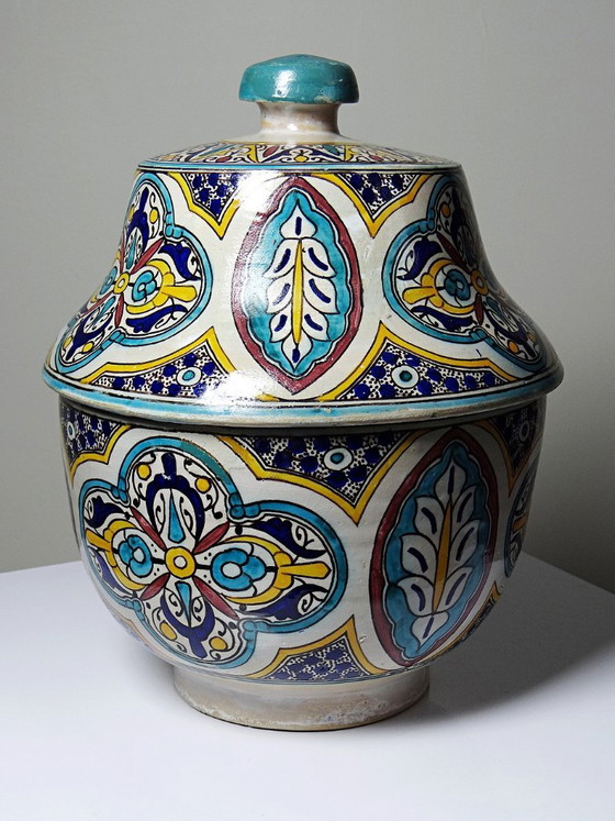 Grote oude Fes Jobbana van polychroom faience, Marokko 20e eeuw – Vintage, Decoratieve objecten, Ceramic (photo 6 of 15)