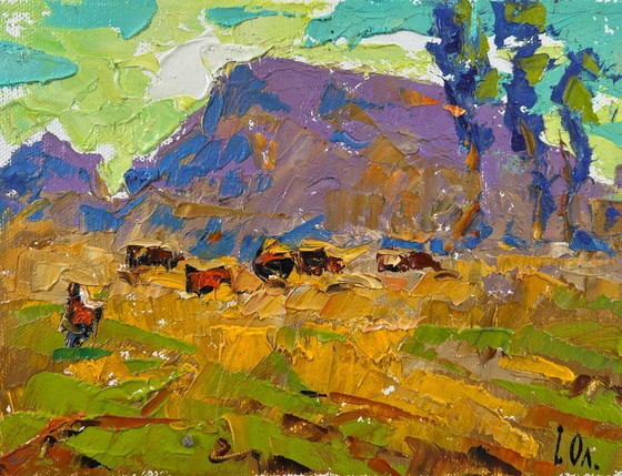 Image 1 of Original Oil Painting Evening Field Landscape Winds over the steppe