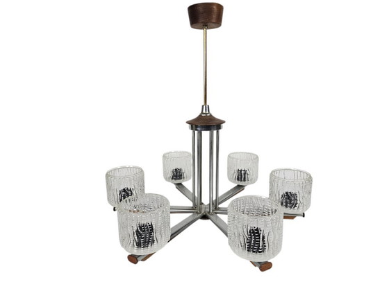 Image 1 of Lustre vintage Kamenicky Senov - teck - métal - chrome - cristal - Allemagne de l'Ouest - années 60